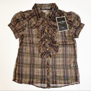 Love Stitch Ruffle Collar Button Down Sheer Chiffon Short Sleeve Boho